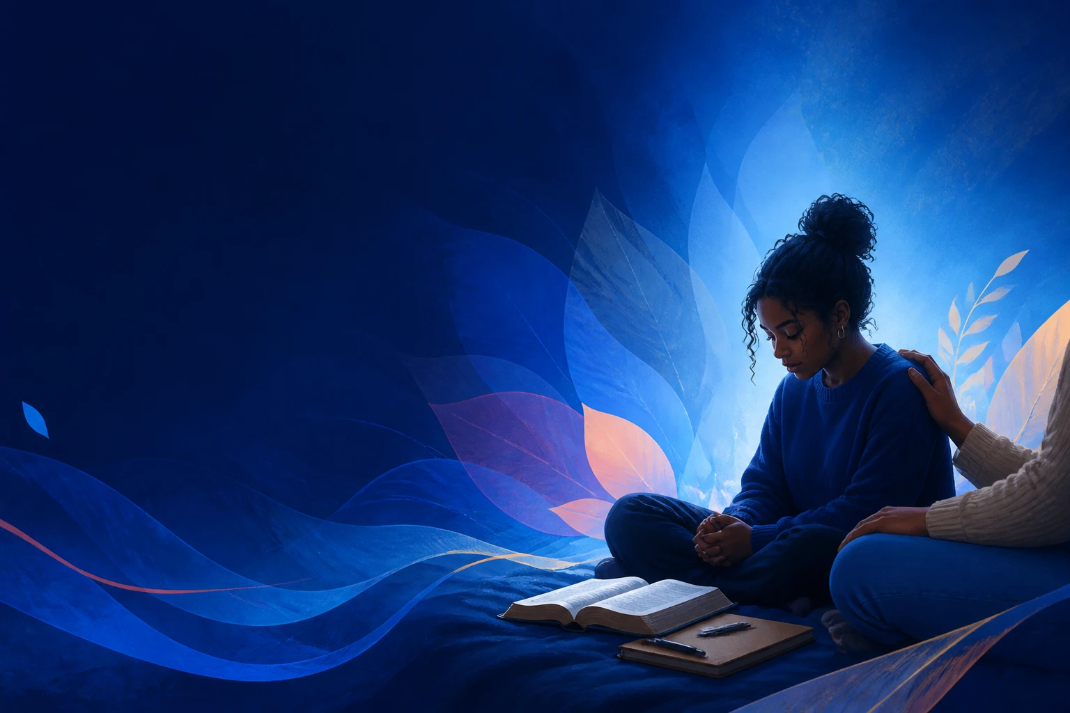 A person reflecting beside an open Bible while someone they trust offers a supportive hand